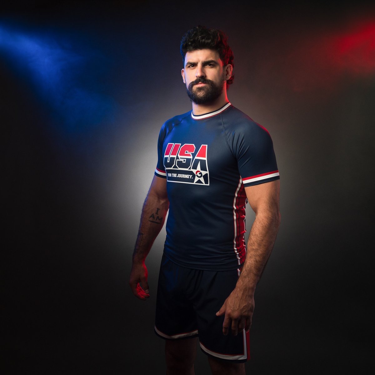 Gold BJJ's USA-made jiu jitsu set: a rash guard with an American flag print and matching shorts